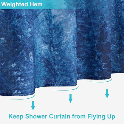 ORTIGIA Blue Shower Curtain for Bathroom, Misty Forest Nature Woodland Shower Curtain Set with Metal Hooks, Decorative Pine Tree Fog Magic Bath Curtain for Home, Waterproof Fabric, Weighted, 72x72