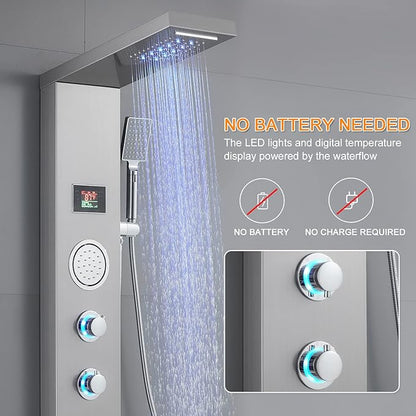 ROVATE Shower Panel Tower System with LED Rainfall Waterfall Shower Head, 5-in-1 LED Stainless Steel Shower Panel System with Body Massage Jets, Handheld Shower and Tub Spout, Brushed Finish