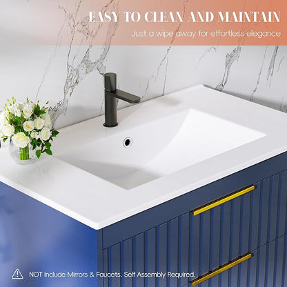 30" Bathroom Vanity with Sink, Floating Vanity Bathroom Sink Cabinet Wall Mount, Soft-Close Function 2 Large Drawers, Grooved Stripe Design, Hidden Damping Drawers, Blue