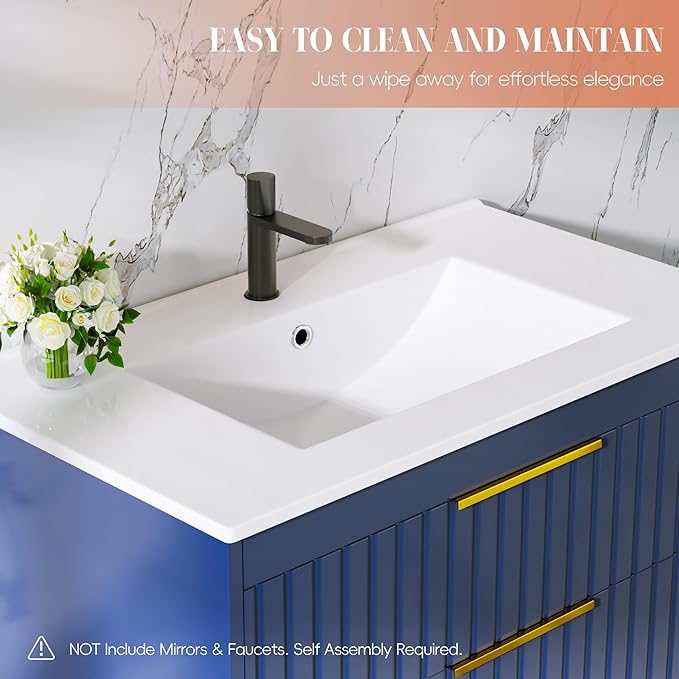 36" Bathroom Vanity with Sink, Floating Vanity Bathroom Sink Cabinet Wall Mount, Soft-Close Function 2 Large Drawers, Grooved Stripe Design, Hidden Damping Drawers, Blue