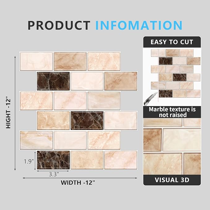 URCOLOR 10-Sheet Peel and Stick Backsplash Subway Tile for Kitchen,12"x12" Self Adhesive Wall Tiles Sticker on Back Splashes for Bathroom Yellow Brown Marble Design