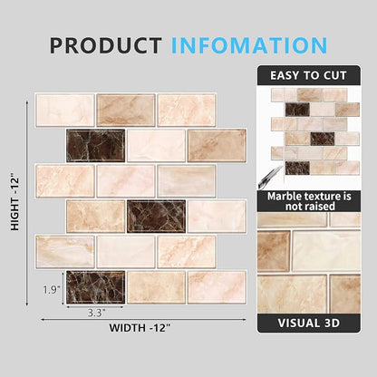 URCOLOR 10-Sheet Peel and Stick Backsplash Subway Tile for Kitchen,12"x12" Self Adhesive Wall Tiles Sticker on Back Splashes for Bathroom Yellow Brown Marble Design