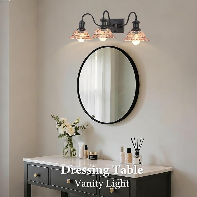 Farmhouse Vanity Lights 3-Light, Black Bathroom Light Fixtures with Amber Glass Shade, Vintage Vanity Lights Over Mirror, Farmhouse Wall Sconce for Bathroom, Vanity Table, Foyer