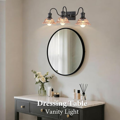 Farmhouse Vanity Lights 3-Light, Black Bathroom Light Fixtures with Amber Glass Shade, Vintage Vanity Lights Over Mirror, Farmhouse Wall Sconce for Bathroom, Vanity Table, Foyer