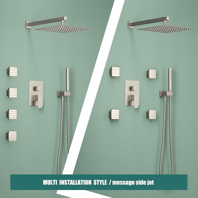 Hoimpro 12 Inch Rainfall Shower Faucet with 4 Full Body Shower Jet Fixtures Combo, Wall Mounted Shower System Set with Rain Mixer Shower Head and 2 in 1 Spray Handheld Showerhead, Brushed Nickel