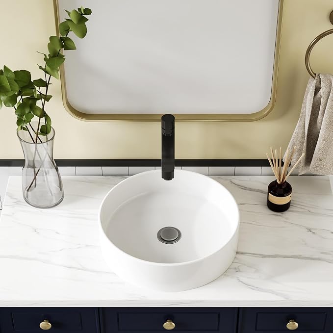 Vessel Sink 18.7x18.7 Inch, Round Ceramic Bathroom Vessel Sink, Thin-Rim Drop-In Above Counter Vanity Sink, White Wash Basin Bowl