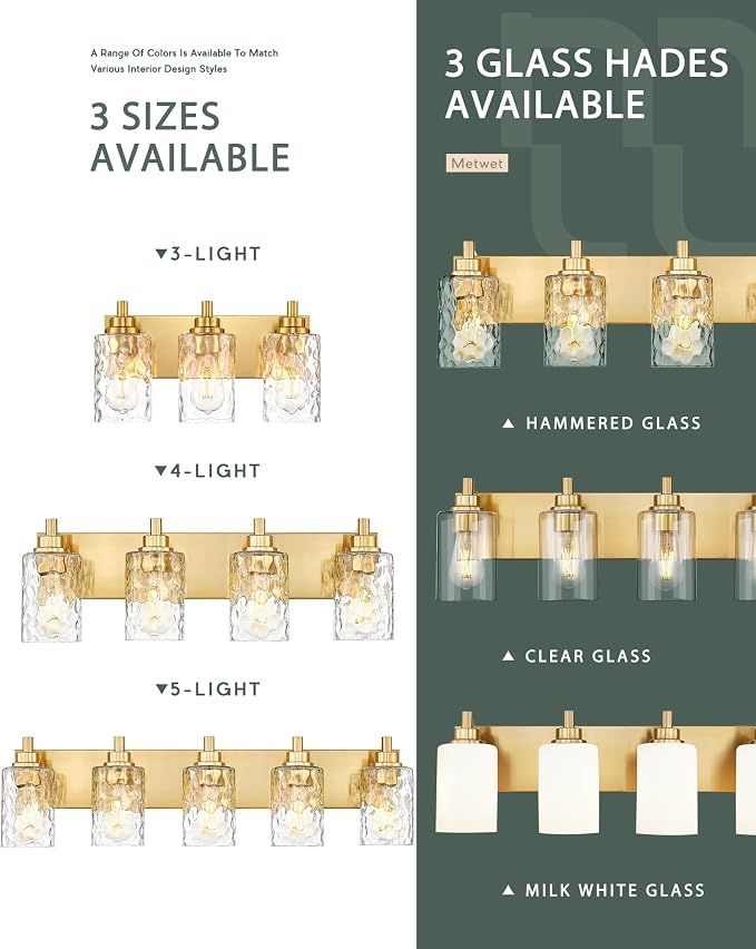 3-Light Brushed Gold Bathroom Vanity Light, Hammered Cylinder Glass | Ideal for 20-28" mirrors, 16.5" modern bathroom light fixtures over mirror, E26 base, bulbs not included, VL198-BG-3