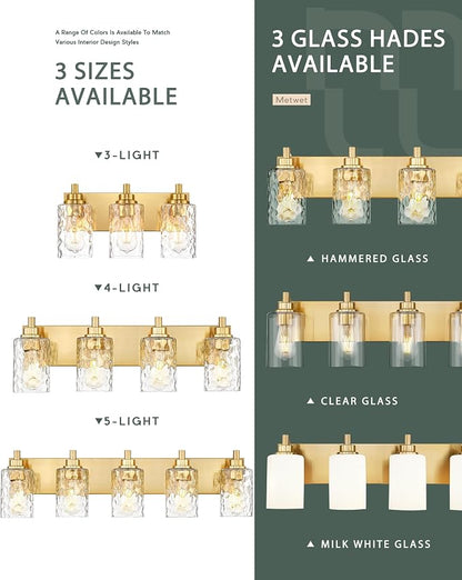 3-Light Brushed Gold Bathroom Vanity Light, Hammered Cylinder Glass | Ideal for 20-28" mirrors, 16.5" modern bathroom light fixtures over mirror, E26 base, bulbs not included, VL198-BG-3