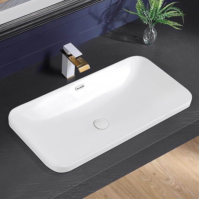 Vessel Sink 32"x17" Semi Recessed Bathroom Sink Drop-in White Bathroom Sink Porcelain Ceramic Modern Rectangular Sinks Drop-in Vanity Sinks with Overflow for Bathrooms