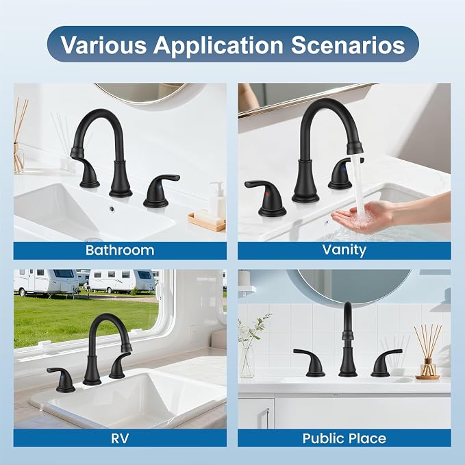 Matte Black Widespread Bathroom Sink Faucet, 3 Hole 8 Inch | Modern Bathroom Faucet 3-Hole,2 Handles,Pop-Up Drain & Supply Lines,Deck Mount Vanity Faucet,1.2 GPM,SUS304 Stainless Steel