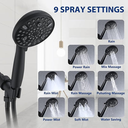 High Pressure 10 Setting Handheld Shower Head, 5" Detachable Showerhead Spray Built-in Power Wash to Clean Tub, Tile & Pets, 79" Extra Long Stainless Steel Hose, Adjustable Bracket - Matte Black