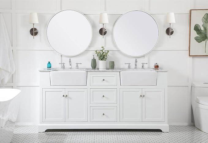 72" Pre-Assembled Bathroom Vanity with Sink, Solid Birch and MDF, Carrara White Marble Countertop Attached, Double Rectangle Porcelain Sink, 3 Soft-Close Drawers, White