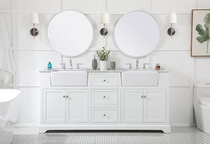 72" Pre-Assembled Bathroom Vanity with Sink, Solid Birch and MDF, Carrara White Marble Countertop Attached, Double Rectangle Porcelain Sink, 3 Soft-Close Drawers, White