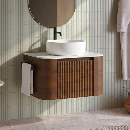 24" Preassembled Floating Bathroom Vanity with Round Sink, Walnut | Mid-Century Modern Style, Fluted & Soft-Close Drawer with U-shaped Wall, Sinterted Stone Countertop, Towel Rack Included