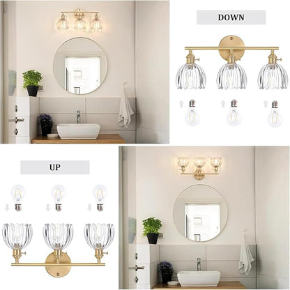 Bathroom Light Fixtures, 3-Light Brass Vanity wall Light Over Mirror with Clear Tulip Glass Shade for Bedroom Living Room (Bulb Not Included)