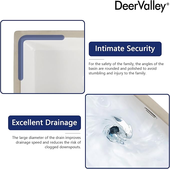 DeerValley 23.9"x15.79" Undermount Bathroom Sink Rectangular Undermount Sink White Ceramic Under Counter Bathroom Sinks with Flat Overflow DV-1U0209