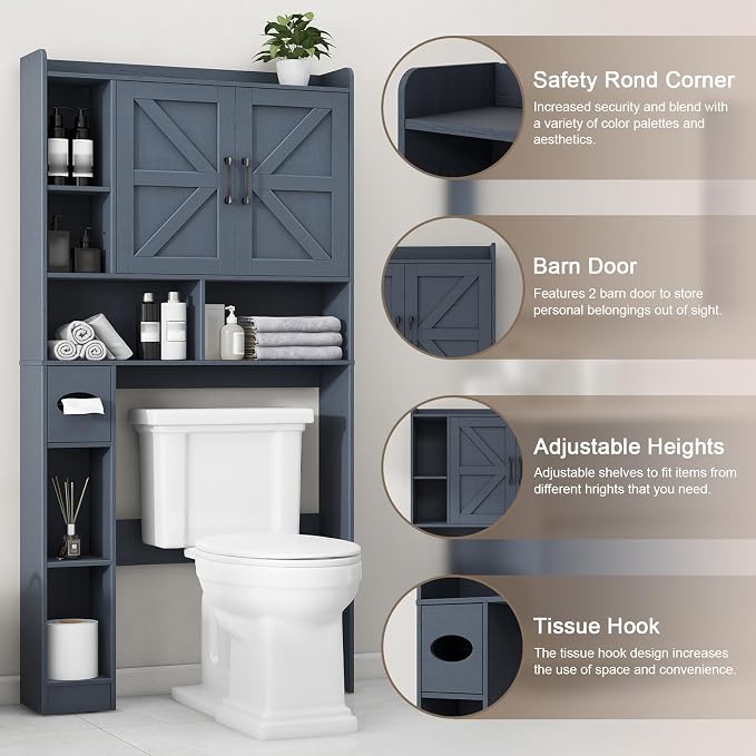 Vabches Over The Toilet Storage Cabinet with 2 Barn Doors, Blue | Farmhouse Storage Cabinet with Toilet Paper Holder Stand，Home Space-Saving Toilet Rack, for Bathroom, Restroom, Laundry