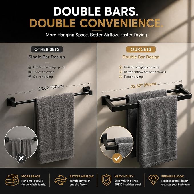 5-Piece Bathroom Hardware Set, 23.6" Double Towel Bar & Wall Mounted Bathroom Accessories, SUS304 Stainless Steel Solid Metal Construction, Modern Square Design for Contemporary Bathrooms, Matte Black