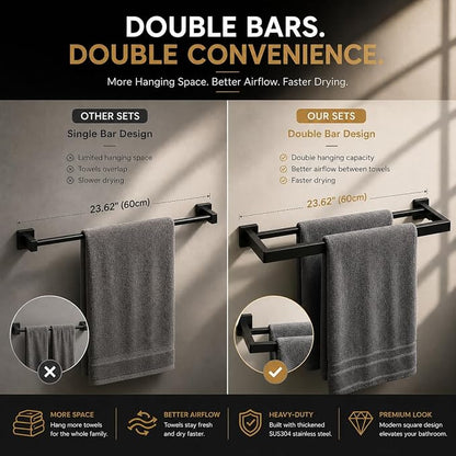 5-Piece Bathroom Hardware Set, 23.6" Double Towel Bar & Wall Mounted Bathroom Accessories, SUS304 Stainless Steel Solid Metal Construction, Modern Square Design for Contemporary Bathrooms, Matte Black