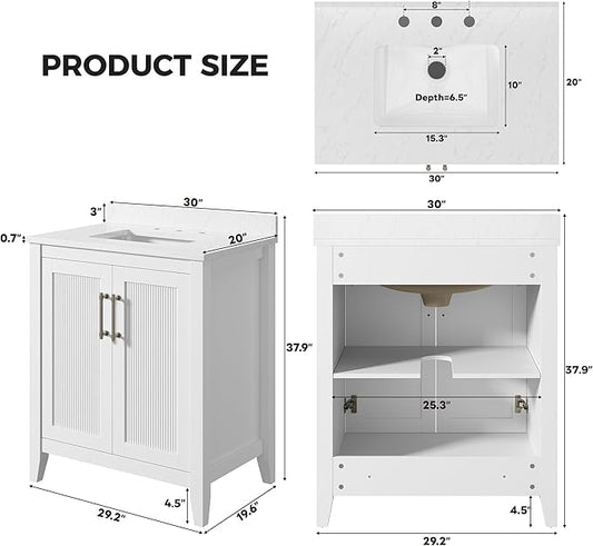 LIKIMIO 30" Bathroom Vanity with Sink, Freestanding Bathroom Vanity with 2 Soft-Close Doors, Engineered Stone Countertop with Undermount Ceramic Sink, Modern Stripe Design, Easy Assembly, White