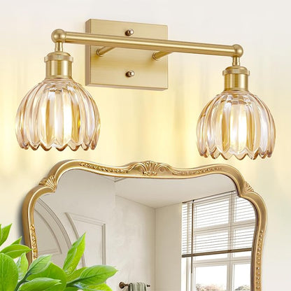 2 Light Bathroom Vanity Lights Over Mirror,Vintage Wall Sconce,Antique Brass Bathroom Light Fixtures,Tulip Sconces Wall Lighting with Amber Thick Glass Shade for Bedroom Living Room, E26 Base