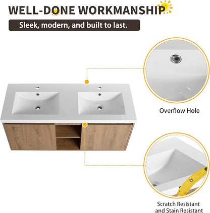 48 Inch Wall Mounted Bathroom Vanity with Double Sink | 48" Modern Floating Cabinet with Center Open Shelf & Soft-Close Doors, 2 Resin Basins, Imitative Oak