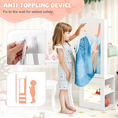 HONEY JOY Kids Jewelry Armoire Cabinet, Wooden Standing Jewelry Organizer w/Full-length Mirror and Garment Rack, 2 Tier Storage Shelves, Children Dress Up Jewelry Cabinet for Little Girls (White)