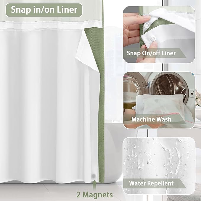 No Hook Shower Curtain with Liner Set Hotel Waffle Sage Green 72W X 81L | Washable Snap in Fabric Liner, Mesh Top Window, Waffle Hotel Style Shower Curtain Set