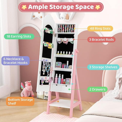CHARMAID Kids Jewelry Organizer with Full Length Mirror, Standing Jewelry Armoire with Drawers and Storage Shelves, Kids Dress Up Mirror Jewelry Cabinet for Girls Gift (White)