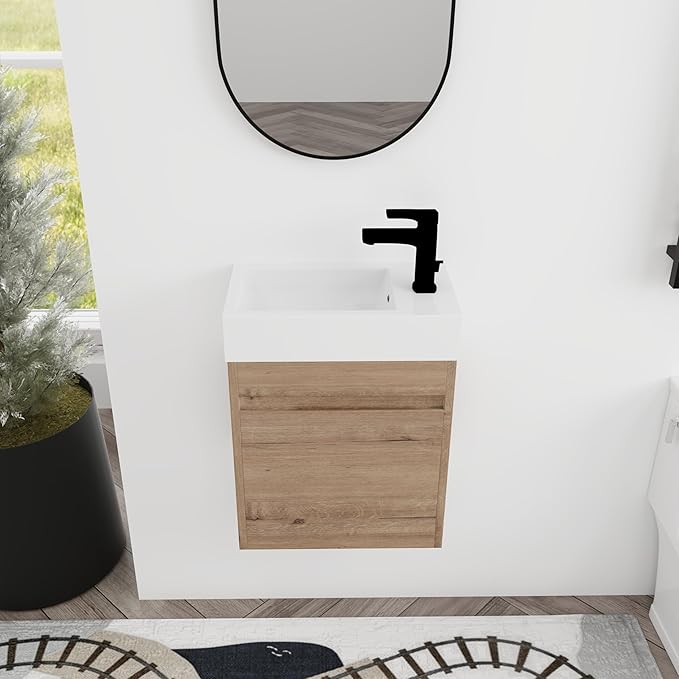 18" Bathroom Vanity with Sink Combo, Wall Mounted Floating Vanity Cabinet for Small Bathroom, Soft-Close Door, Ight dern Farmhouse Vanity with Waterproof Plywood