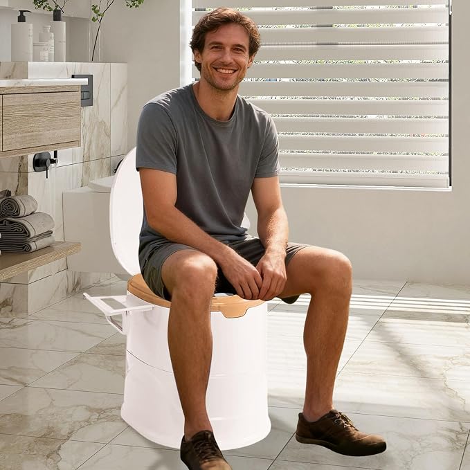 Portable Toilet for Camping, Indoor Outdoor Commode with 2 Detachable Inner Bucket, Removable Paper Holder, Toilet Brush, Travel Toilets for Camping, Hiking, Boat, Van, Emergency Use (Beige2)