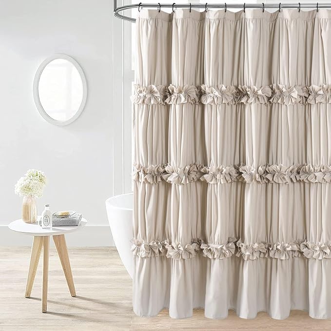 Camel Ruffle Shower Curtain, 72"x78" | Long Bathroom Curtain with 12 Buttonholes, Vintage Handcrafted Bow Tie Bath Curtain for Master Bathroom (LQ-10)