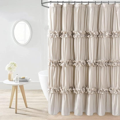 Camel Ruffle Shower Curtain, 72"x78" | Long Bathroom Curtain with 12 Buttonholes, Vintage Handcrafted Bow Tie Bath Curtain for Master Bathroom (LQ-10)