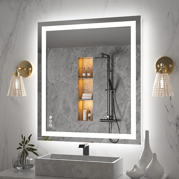 LED Bathroom Mirror 36"X32" with Front Light and Backlit | Stepless Dimmable, Anti-Fog, Shatter-Proof, HD Reflection, Memory, 3 Colors Lighting, UL Listed (Horizontal/Vertical).