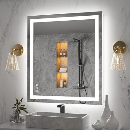 LED Bathroom Mirror 36"X32" with Front Light and Backlit | Stepless Dimmable, Anti-Fog, Shatter-Proof, HD Reflection, Memory, 3 Colors Lighting, UL Listed (Horizontal/Vertical).