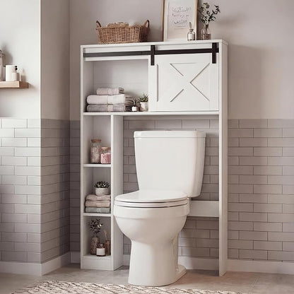 GIANTEX Over The Toilet Storage Cabinet - Freestanding Bathroom Organizer with Sliding Barn Door & Storage Shelves, Multifunctional Bathroom Toilet Rack for Bathroom, Restroom, Laundry (White)