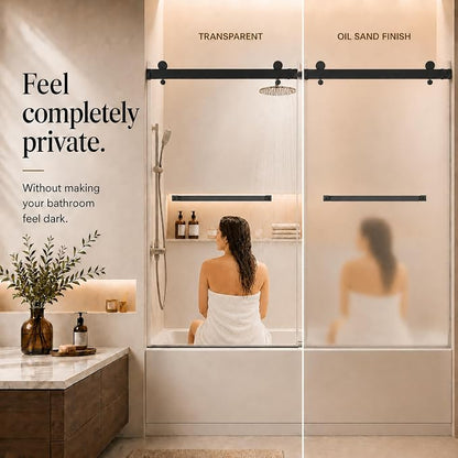 Frameless Shower Door,Frosted Sliding Shower Door for Bathtub, 56-60" W x 60" H-1/4” (6mm), 304 Stainless Steel Hardware, Nano Easy-Clean Glass, Quiet Rollers, Matte Black