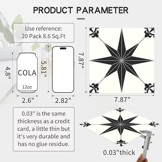 MORCART 20PCS 7.87" x 7.87" Peel and Stick Floor Tile, Black Stellar | Self-Adhesive DIY Vinyl Flooring, Removable and Waterproof Tile Sticker for Bathroom, Kitchen, Wall, Bedroom, Stairs