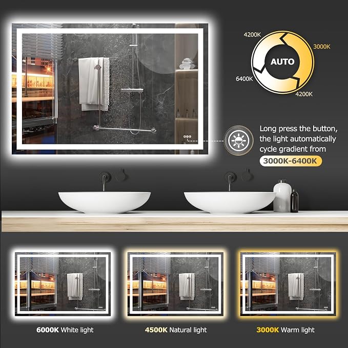 Hivone 60"X40" LED Bathroom Mirror with Lights, Anti-Fog, Dimmable, Backlit + Front Lit, Smart Bathroom Vanity Mirror, Memory Function, Shatterproof, Tempered Glass (Horizontal/Vertical)