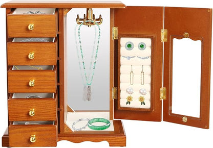 Vintage Wood Jewelry Box with 5 Drawers, Desktop Jewelry Organizer with Glass Door & Mirror, Necklace Ring Storage Display Case Built-in Necklace Carousel, Brown (Light Brown, 5 Drawers)