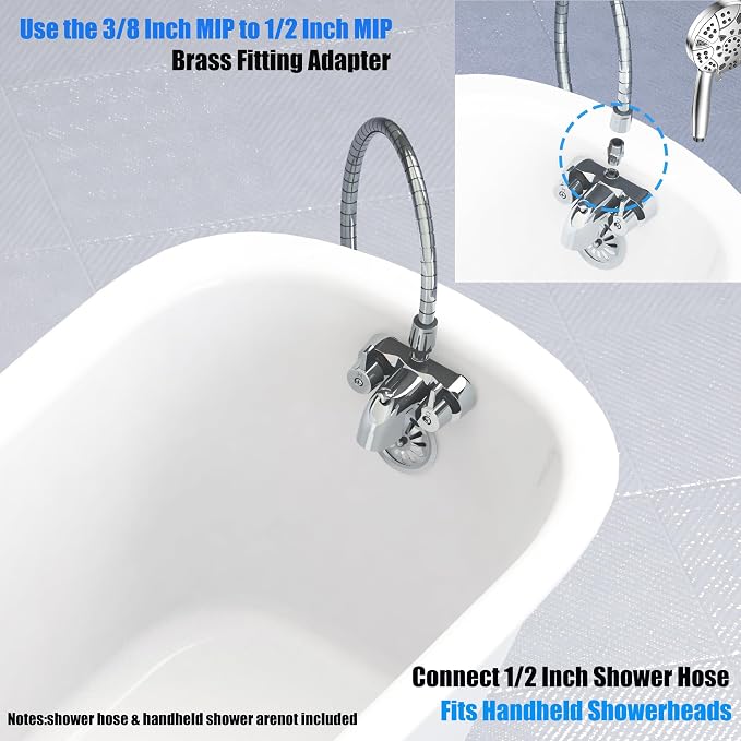 Bathcock Clawfoot Tub Shower Diverter Kit, 3 3/8" Centers, Vintage Bathtub Faucet, MIP Inlet, Shower Riser Outlet, Chrome