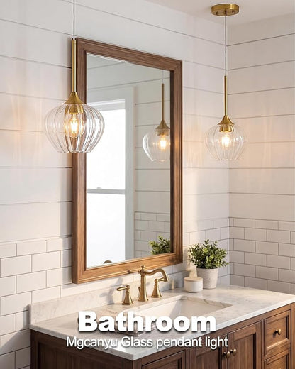 2-Pack Glass Pendant Lights Kitchen Island, 7.7" Modern Gold Pendant Lighting Adjustable Hanging Light Fixtures for Kitchen, Dining Room, Bathroom, Bedroom
