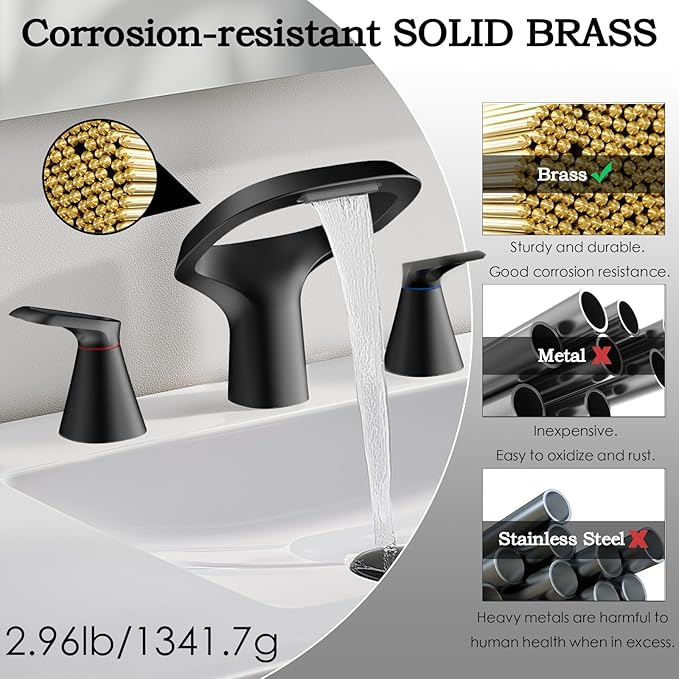 Matte Black Bathroom Faucet 3 Hole, Modern Faucet for Bathroom Sink with Adjustable Spout, Solid Brass 8 Inch Widespread Waterfall Bathroom Faucets with Supply Hoses and 2 Handles for Vanity Sink