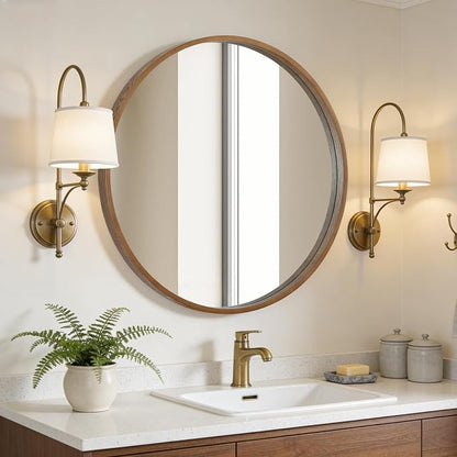 Round Wood Mirror, 32" Round Modern Decoration Large Circle Wall Mirror for Bathroom Living Room Bedroom Entryway, Walnut