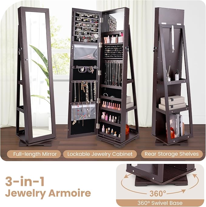 COSTWAY 360 Rotating Jewelry Armoire Cabinet, Standing Jewelry Organizer w/Full-Length Mirror & Large Storage Space, Lockable Mirror Jewelry Cabinet for Girls Women (Espresso)