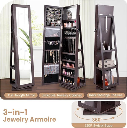 GOFLAME 360° Rotating Jewelry Armoire, Lockable Jewelry Cabinet with Full-Length Mirror & Inner Makeup Mirror, Standing Jewelry Storage Organizer with Rear Storage Shelves, Espresso