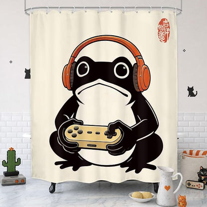 Funny Frog Japanese Gamer Anime Vintage Gaming Bathroom Shower Curtain Set | 60Wx71H Cool Retro waterproof HD print, quick-dry fabric, and 12 hooks for easy setup