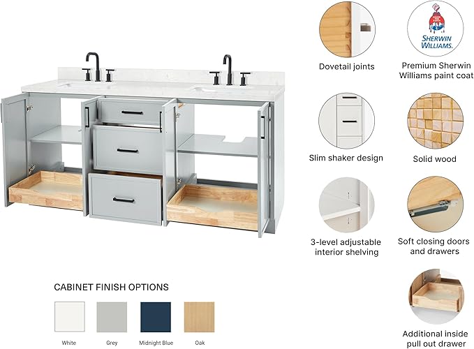 ARIEL Kelly 72-inch Bathroom Vanity with Sink,Solid Wood, 1.5-inch Carrara White Quartz Countertop & Backsplash, Double Rectangular Porcelain Sink, 4 Soft Closing Doors, 5 Dovetail Drawers, Grey