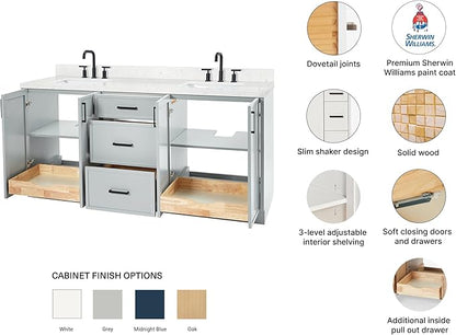 ARIEL Kelly 72-inch Bathroom Vanity with Sink,Solid Wood, 1.5-inch Carrara White Quartz Countertop & Backsplash, Double Rectangular Porcelain Sink, 4 Soft Closing Doors, 5 Dovetail Drawers, Grey