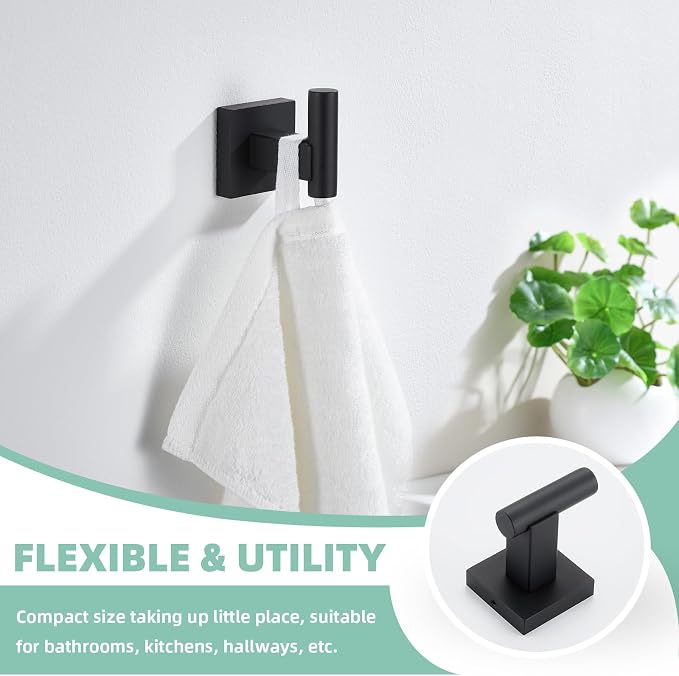 Suyar Bathroom Hardware Set Matte Black, Bathroom Accessories 4 Pieces | Include Robe Hook, Toilet Paper Holder, Hand Towel Holder, Towel Bar, SUS304 Stainless Steel, Wall Mounted